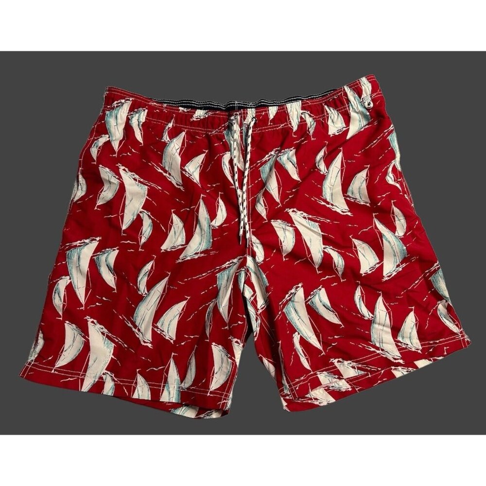Lands End Mens Lined 9in Red Sailboat Shorts Swim Trunks UPF 50 Swimwear XXL New